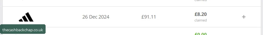 My adidas order: £91.11 paid, £8.20 cashback claimed (Dec 2024)