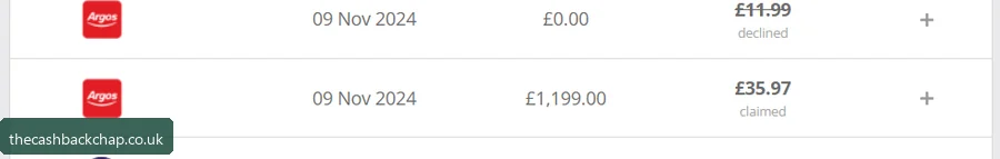 For comparison: Argos paid £35.97 (3%) on a £1,199 order — plus the classic duplicate 'declined' entry