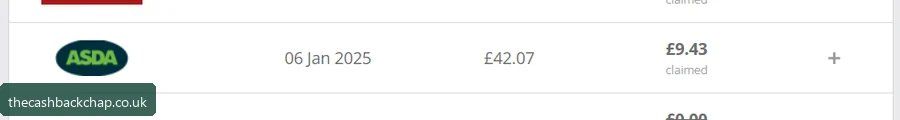 My Asda Groceries order: £42.07 paid, £9.43 cashback claimed (Jan 2025)