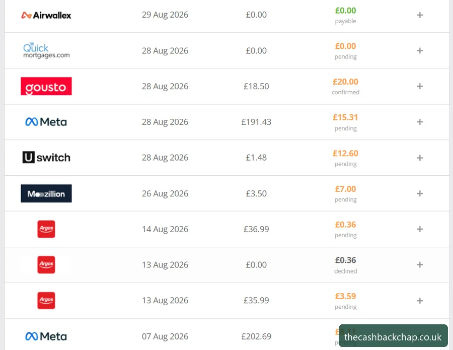 Real statuses in my account: pending, confirmed, and one duplicate 'declined'