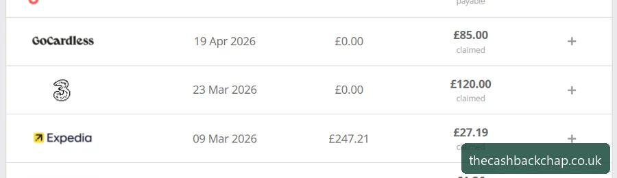 The bounty cluster in my account: GoCardless £85, Three £120, Expedia £27 — all flat or boosted deals