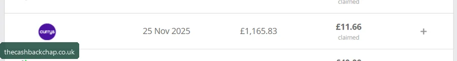 My Currys order: £1,165.83 paid, £11.66 cashback claimed (Nov 2025)