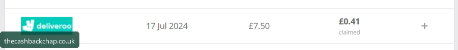 My first Deliveroo order: £7.50 paid, 41p cashback claimed (Jul 2024) — the new-customer rate