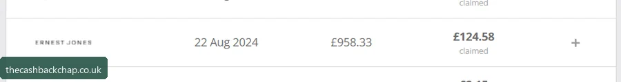 Ernest Jones: £958.33 paid, £124.58 cashback claimed (Aug 2024) — my biggest single line