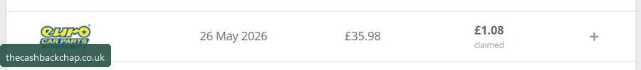 My Euro Car Parts order: £35.98 paid, £1.08 cashback claimed (May 2026)