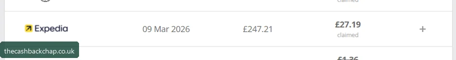 My Expedia booking: £247.21 paid, £27.19 cashback claimed (Mar 2026)