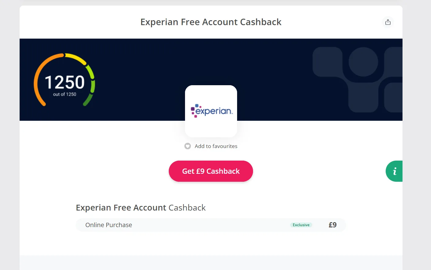 £9 cashback on Experian's free account, tagged Exclusive