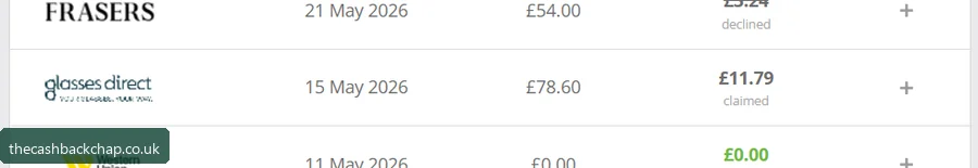 The cashback line: Glasses Direct, £78.60 → £11.79 claimed (May 2026)