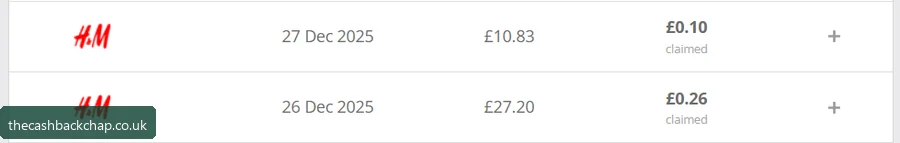 My two H&M orders: £10.83 → £0.10 and £27.20 → £0.26 — the 1% reality