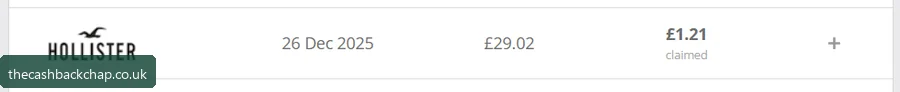My Hollister order: £29.02 paid, £1.21 cashback claimed (Dec 2025)