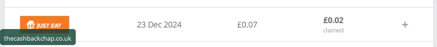 My Just Eat line: 2p cashback, claimed (Dec 2024) — existing-customer reality