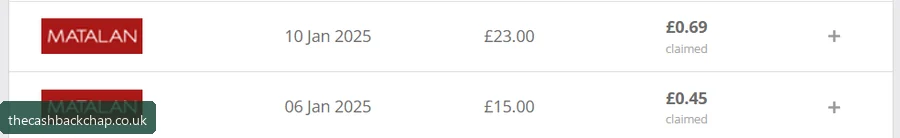 Two more Matalan orders: £15 → £0.45 and £23 → £0.69 (3%)