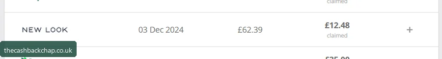 My New Look order: £62.39 paid, £12.48 cashback claimed (Dec 2024)