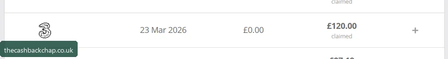Three: £120.00 cashback, claimed (Mar 2026) — the biggest single bounty in my account