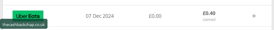 My Uber Eats line: 40p cashback, claimed (Dec 2024) — the existing-customer rate
